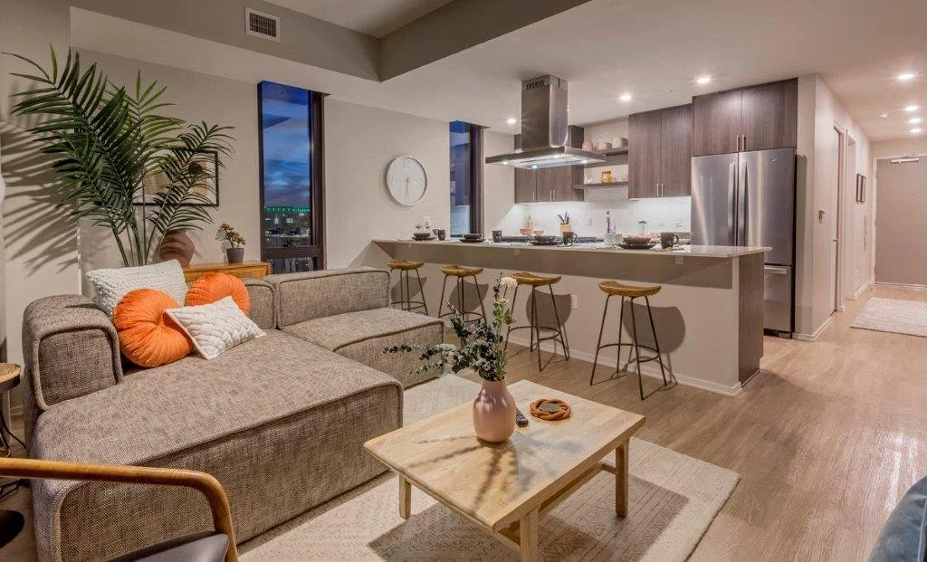 Modern open-concept apartment living room and kitchen with a gray sectional sofa, orange and white pillows, a coffee table with a pink vase, bar stools at a kitchen island, stainless steel appliances, and a large green plant.
