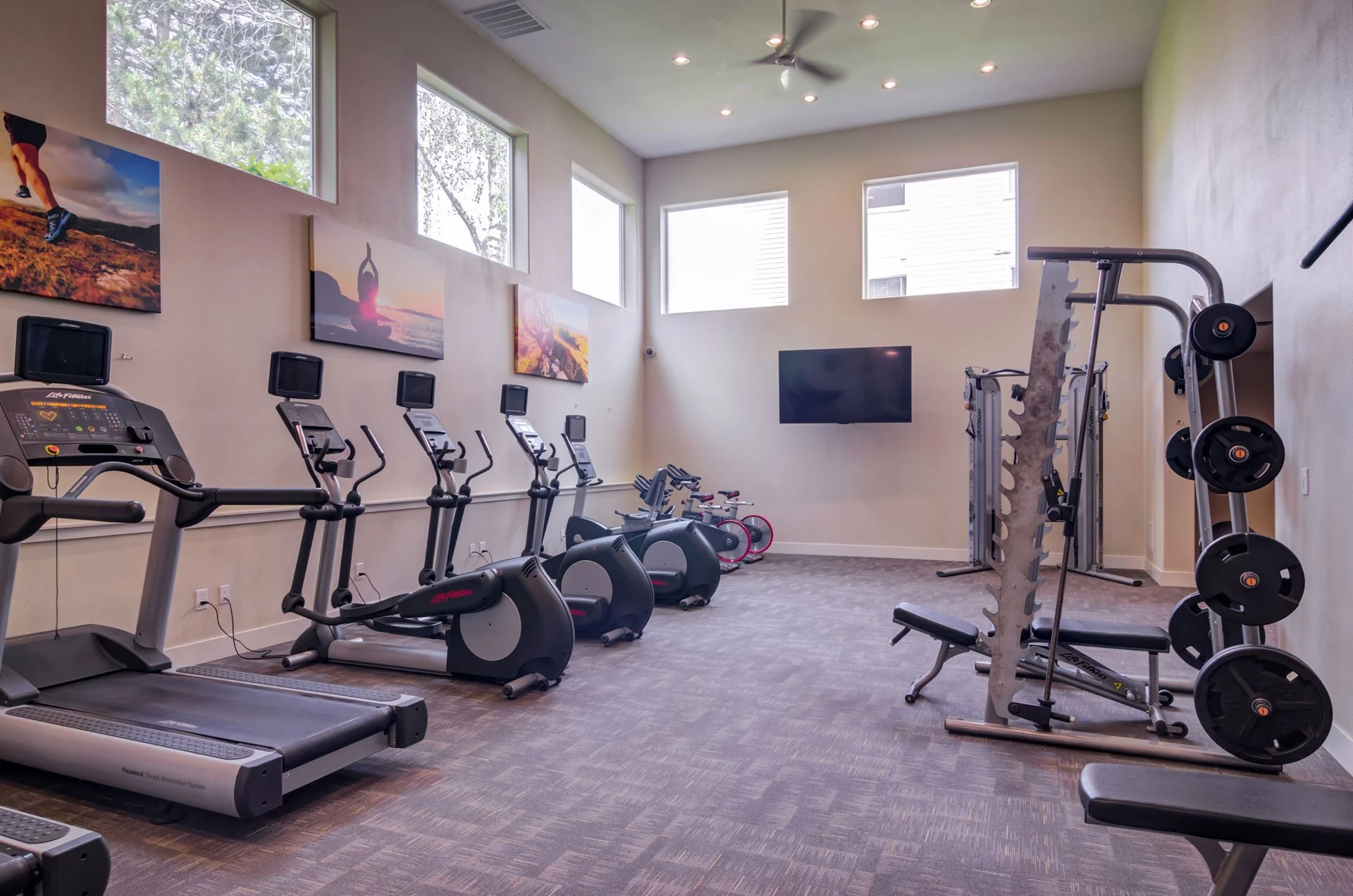 Empty gym room with exercise equipment including treadmills, stationary bikes, weight machines, and a wall-mounted TV.