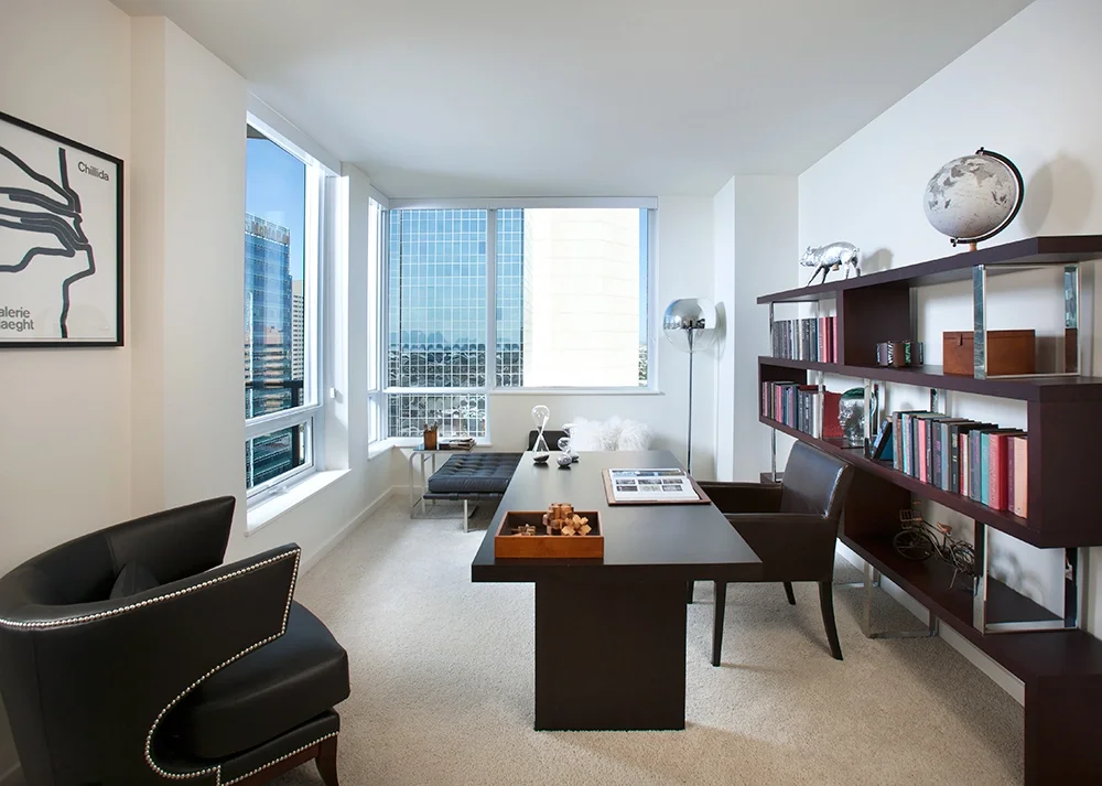 Modern office with large windows, dark wooden desk, black leather chair, bookshelf with books and decorative items, framed wall art, and a gray area rug.