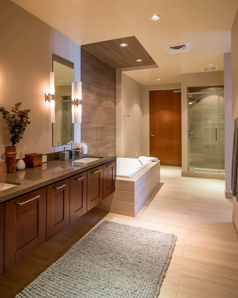 Modern bathroom with a large vanity, wooden cabinets, two sinks, a mirror with vertical lights, a bathtub with a towel, a glass-enclosed shower, and beige walls and floors.