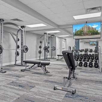 Empty gym with weightlifting equipment, benches, dumbbells, and a television on the wall.