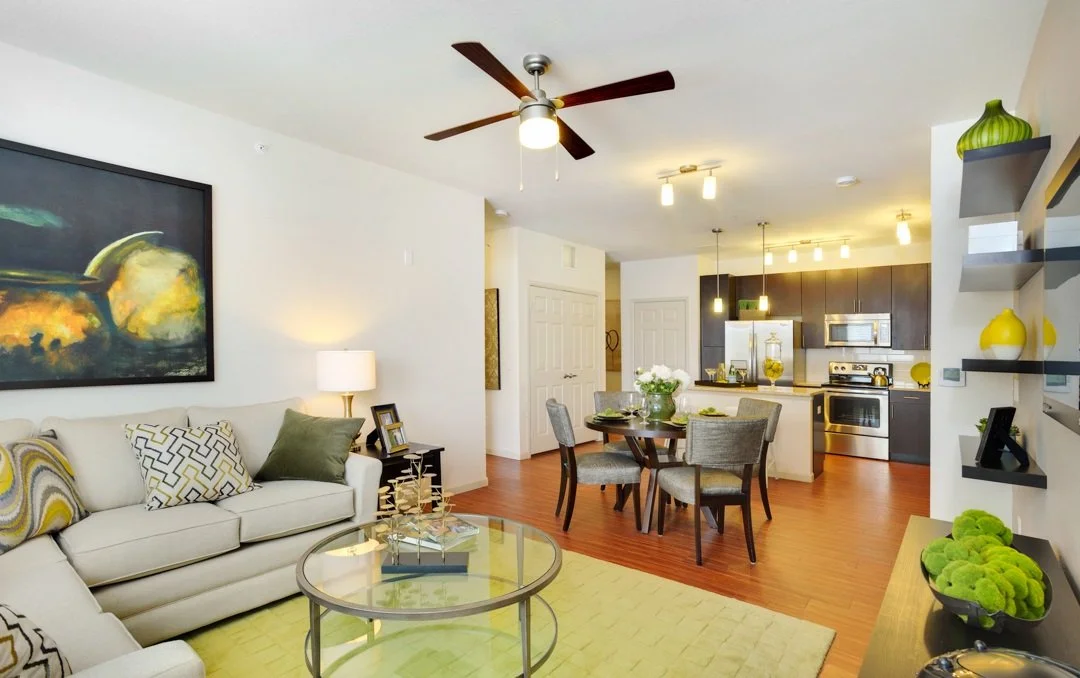 Living room with beige sofa, abstract artwork, glass-top coffee table, and a side table with lamp; open kitchen with bar counter, pendant lights, and stainless steel appliances; dining table with six chairs; decorative shelves with vases and green pl