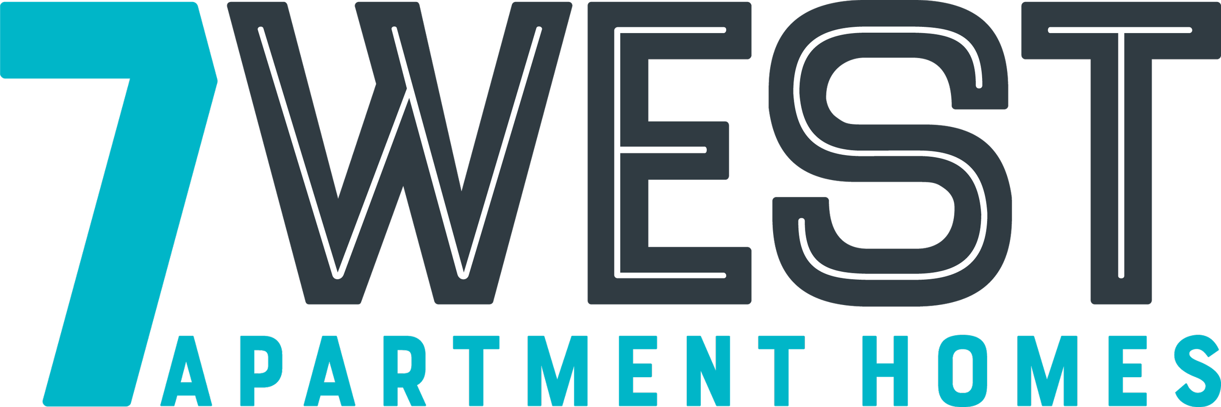 Logo of 7 West Apartment Homes with a stylized number 7 in teal and the words 7 West Apartment Homes in black and teal.