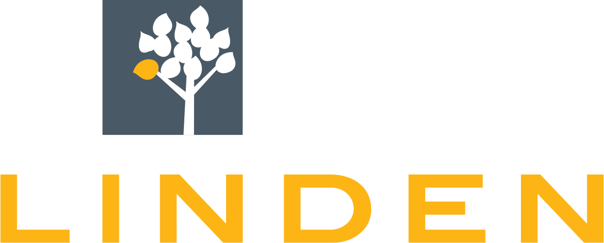 Logo of a tree with white leaves and a single orange leaf on a dark background, with the word LINDEN in large yellow letters.