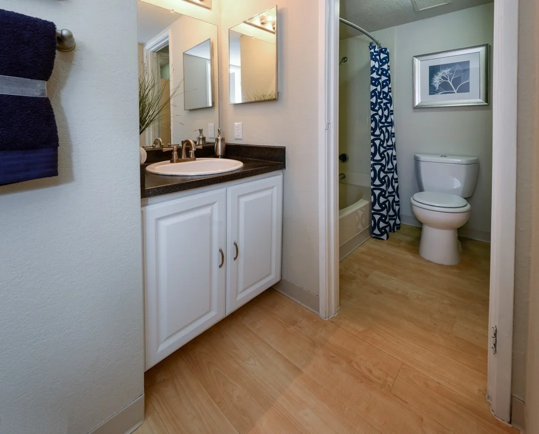 A bathroom with a vanity sink and mirror on the left, a towel hanging on a wall, and a separate area with a bathtub and toilet with a patterned shower curtain, and a framed picture on the wall.