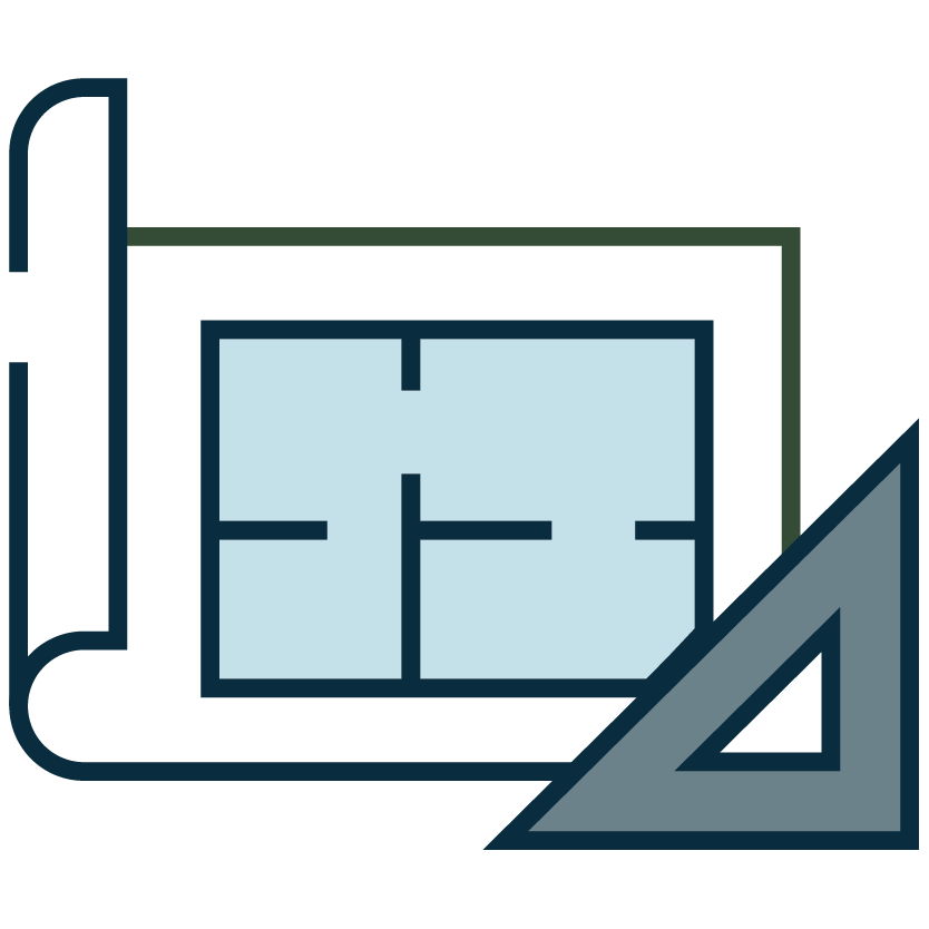 An architectural blueprint with a triangular ruler placed on top.