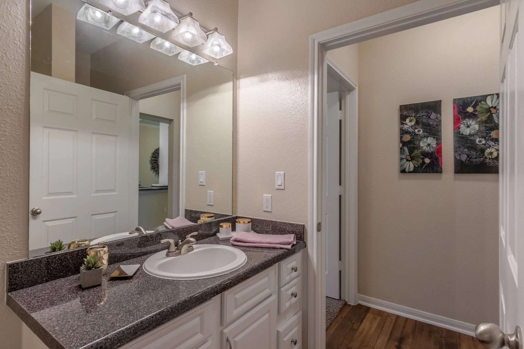 Bathroom with a large mirror, white vanity with a granite countertop, small potted succulent, soap dish, pink towel, and two candles. Light fixture with multiple bulbs above the mirror. Open door to a closet or another room, and two paintings with fl