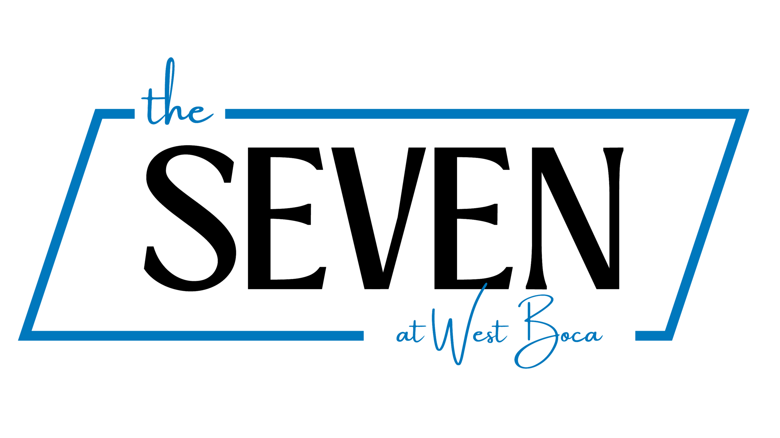 Neon style sign with the text "the SEVEN at West Boca" in black, blue, and teal colors.