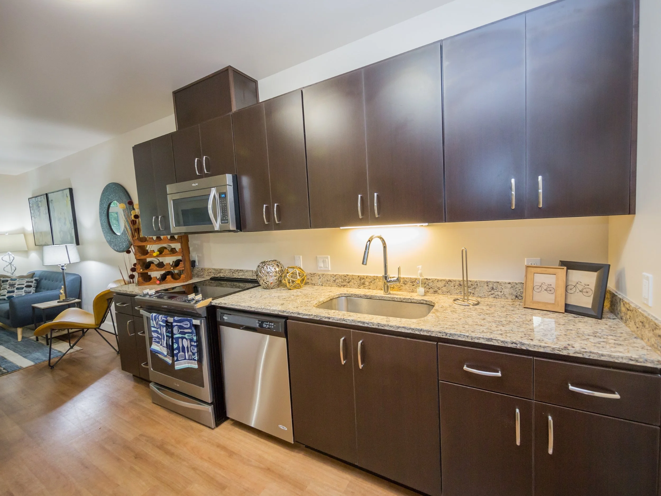 Modern kitchen with dark wood cabinets, granite countertop, stainless steel appliances, and decorative items on the counter.