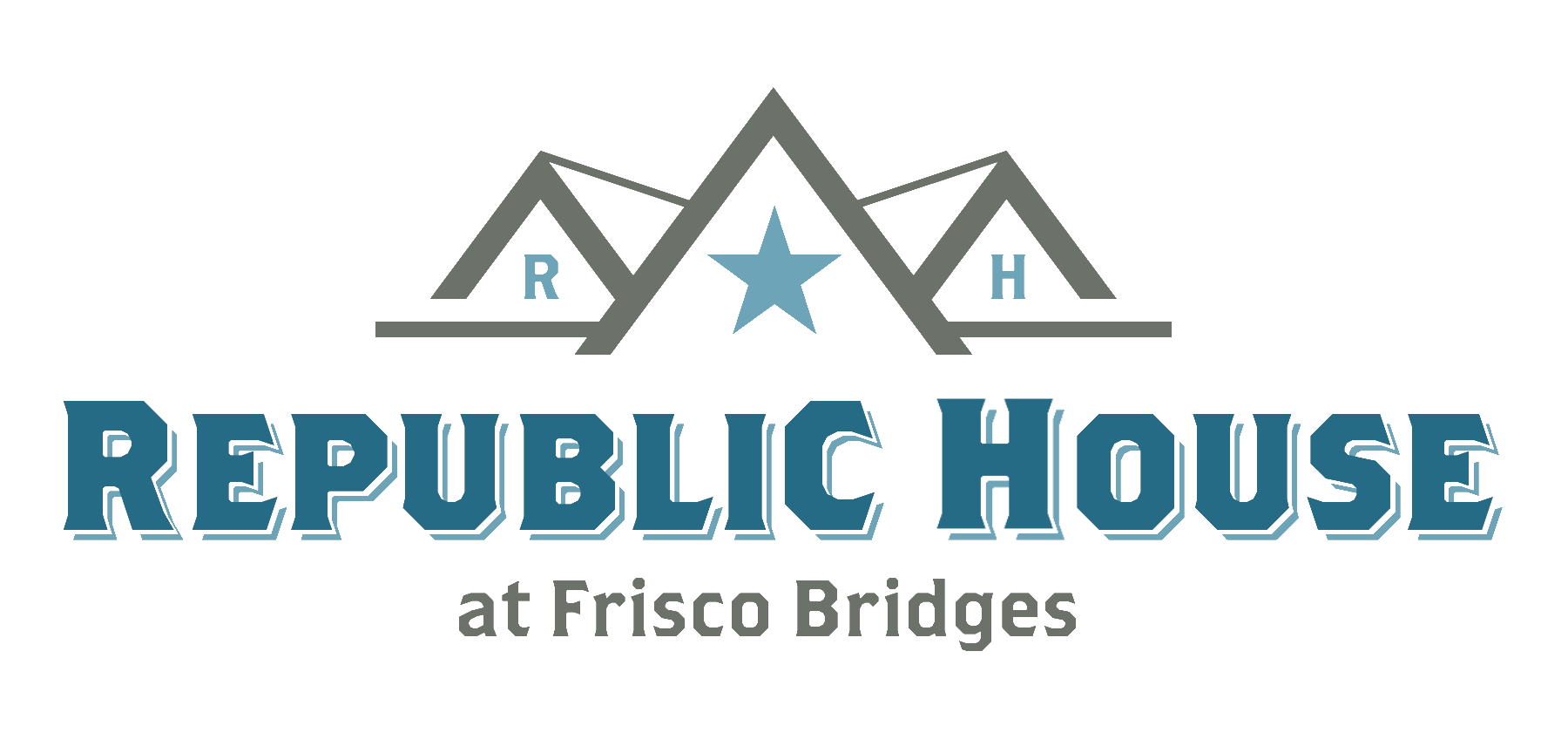 Logo for Republic House at Frisco Bridges featuring stylized mountains, a star, and the text 'Republic House' in blue with 'at Frisco Bridges' in gray.