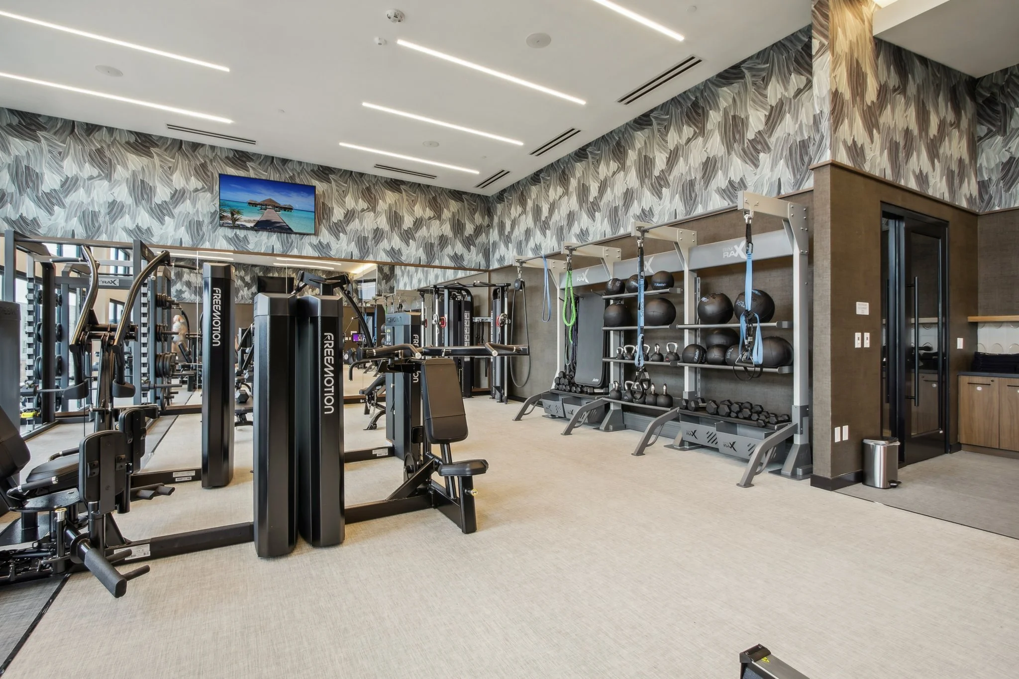 Modern gym with various exercise equipment including weight machines, free weights, resistance bands, and medicine balls, with a tropical beach scene on a TV screen and a patterned wall.