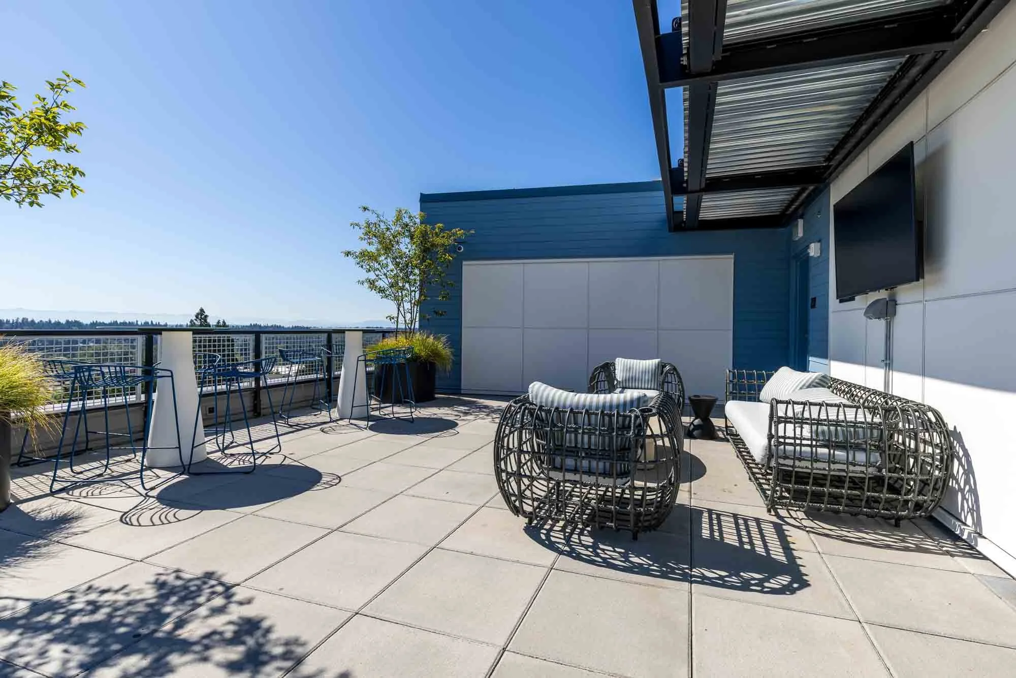Outdoor rooftop terrace with modern black wicker seating and a TV, potted plants, and blue sky.