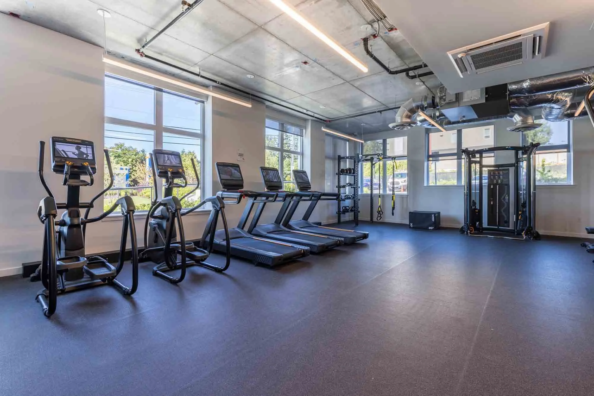 Empty modern gym with treadmills, elliptical machines, weight racks, and fitness equipment near large windows, with a concrete ceiling and black flooring.