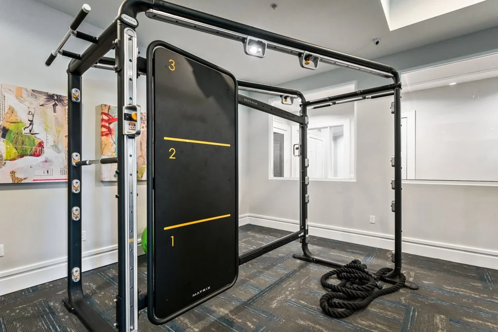 A home gym with a black and silver power rack, a black plyometric box with yellow markings, a battle rope on the floor, and white walls with windows and artwork.