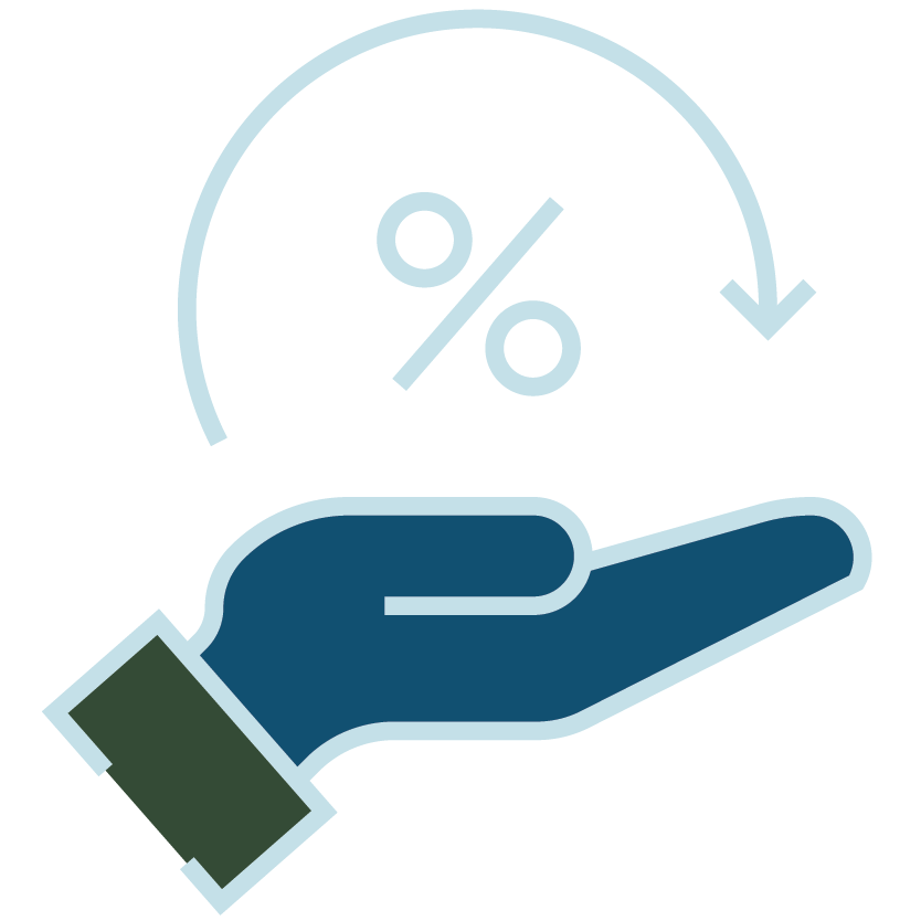An icon of a hand with a percentage symbol above it, and a circular arrow indicating a discount or rebate.