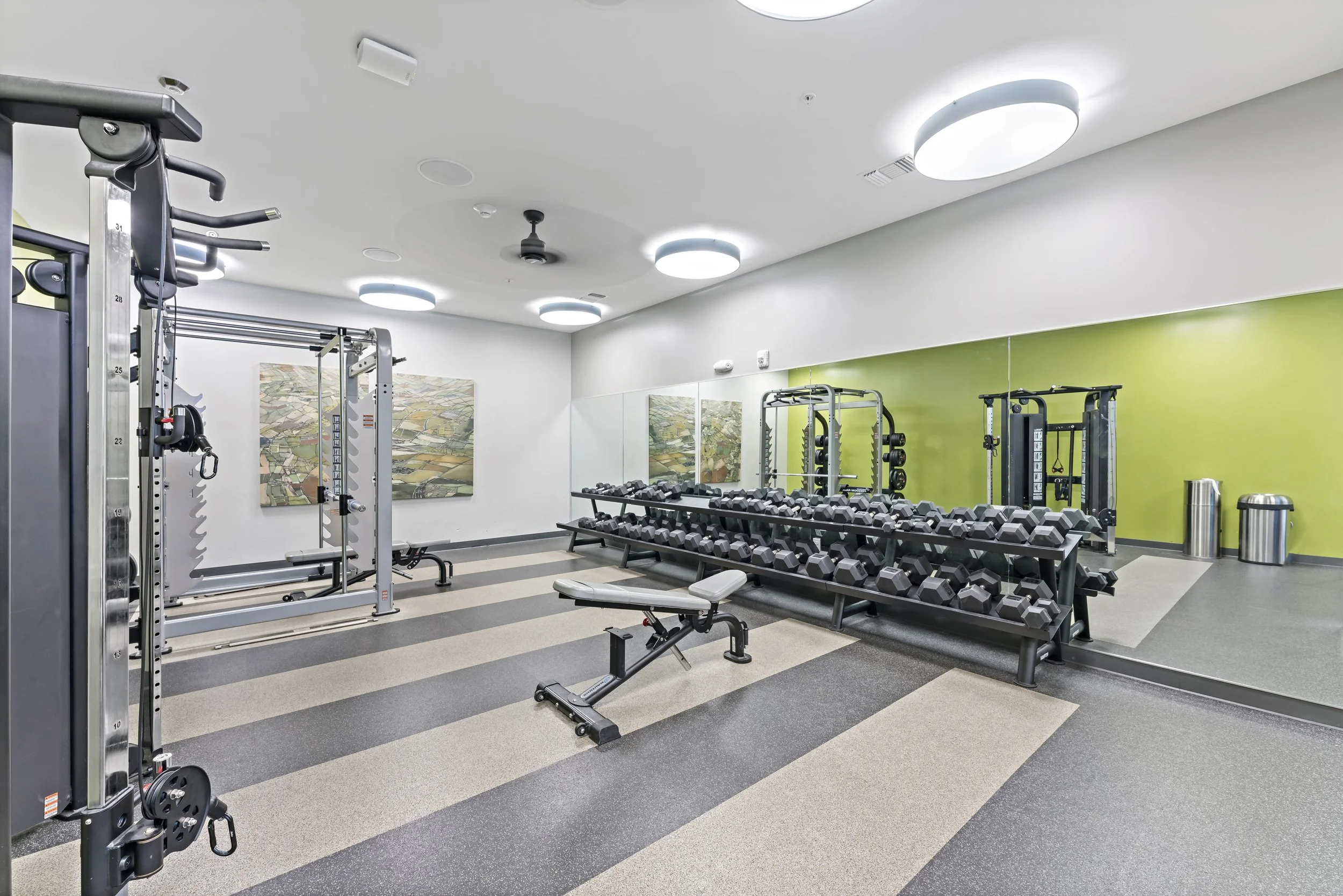 Empty indoor gym with various exercise equipment including dumbbells, benches, and weight racks, with a green accent wall and artwork.