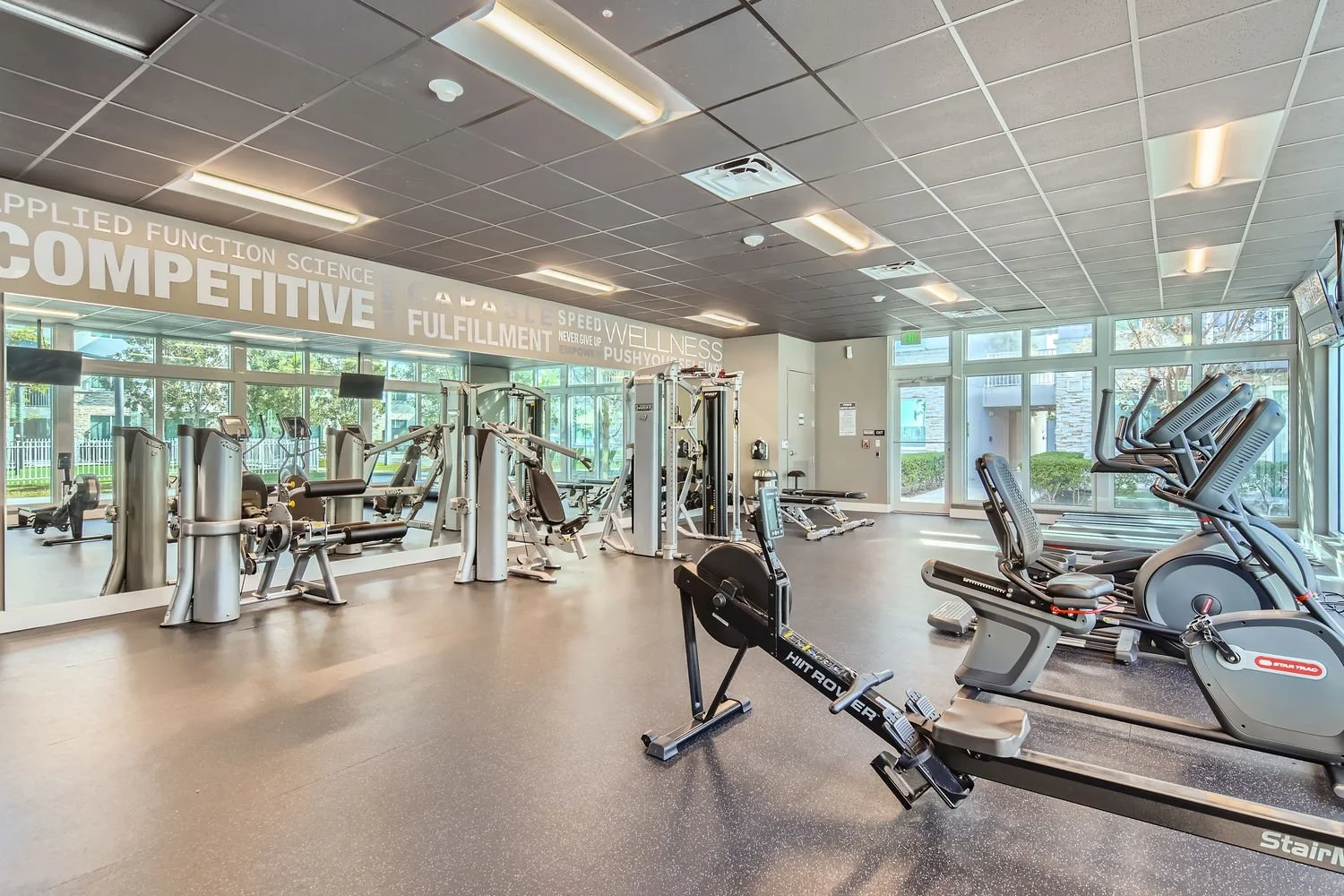 Empty gym with various exercise equipment including ellipticals, a stationary bike, and weight machines, with large windows and motivational words on the wall.