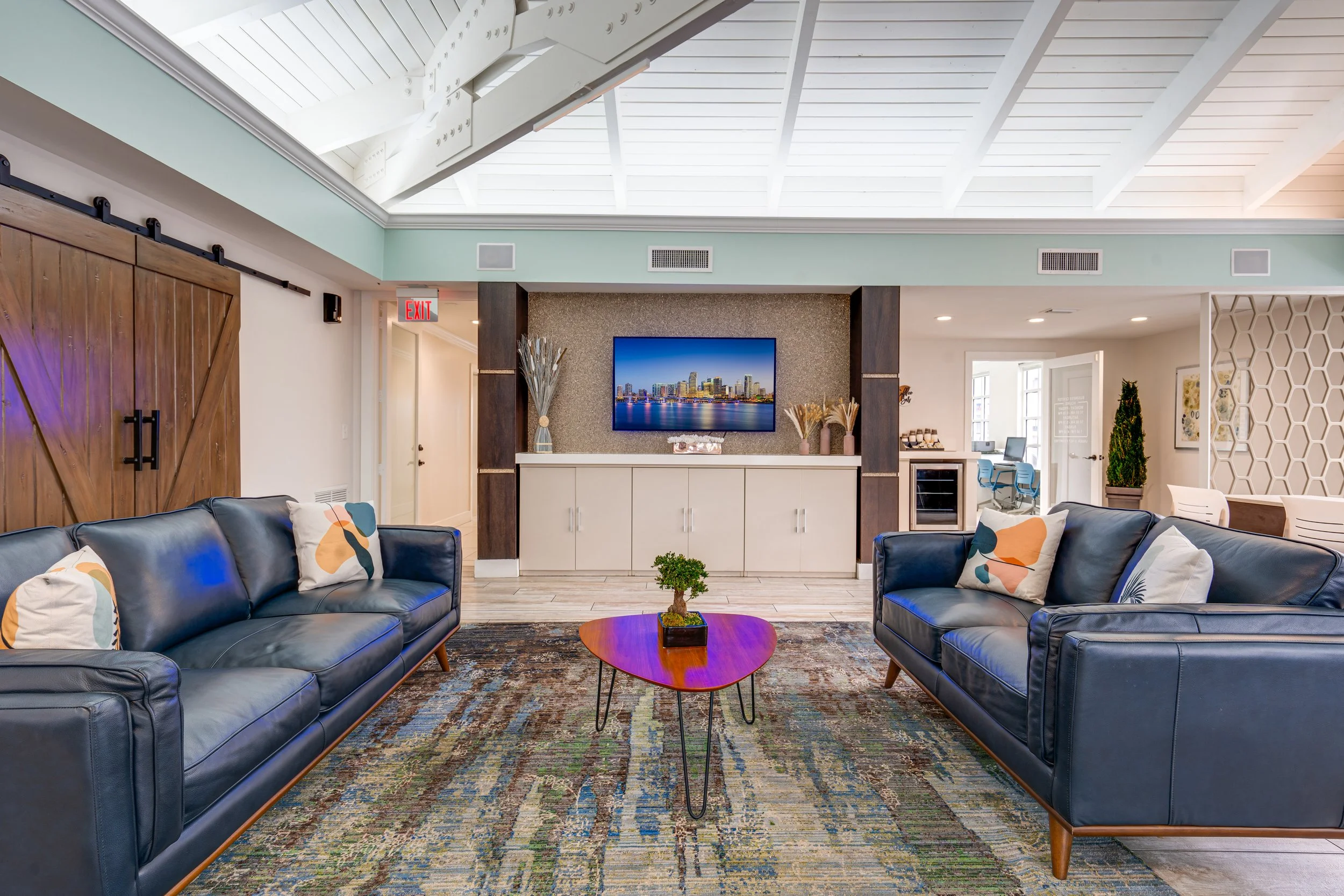 Living room with two navy blue leather sofas, a small purple wood coffee table with a bonsai, a patterned rug, a wall-mounted TV, and decorative vases, with a ceiling skylight letting in natural light.
