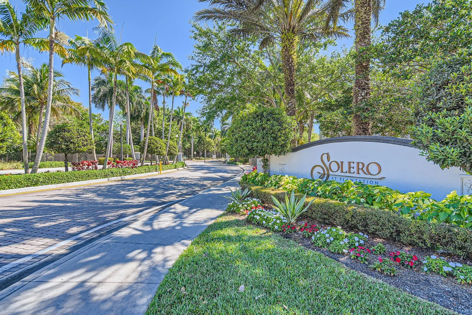 Entry street view of Solero at Plantation with lush green trees, palm trees, colorful flowers, and a white sign wall with the Solero logo.