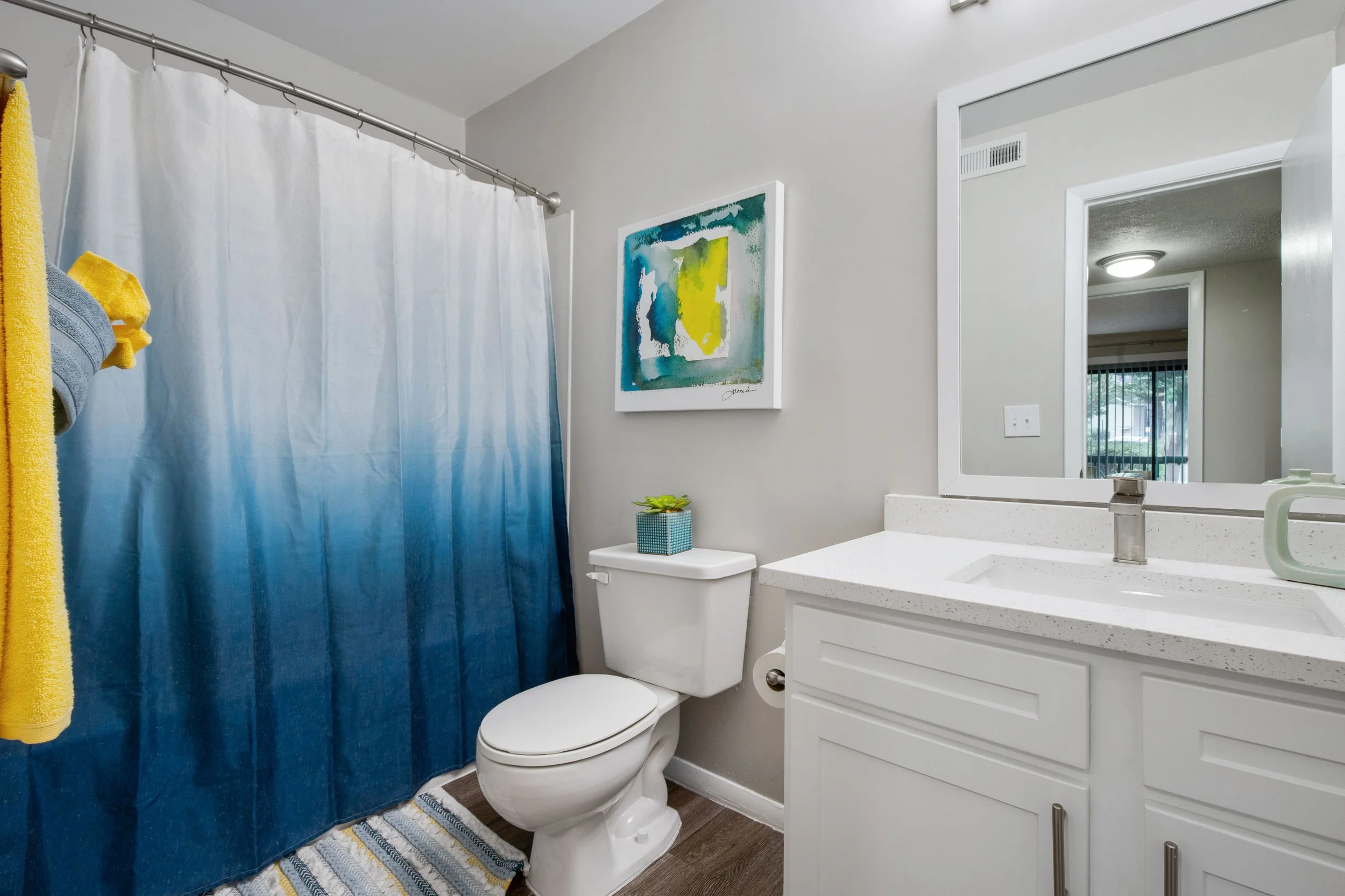 A bathroom with a shower curtain, a white toilet, a white vanity with a mirror, a blue-patterned mat, a small potted plant, and an abstract painting on the wall.