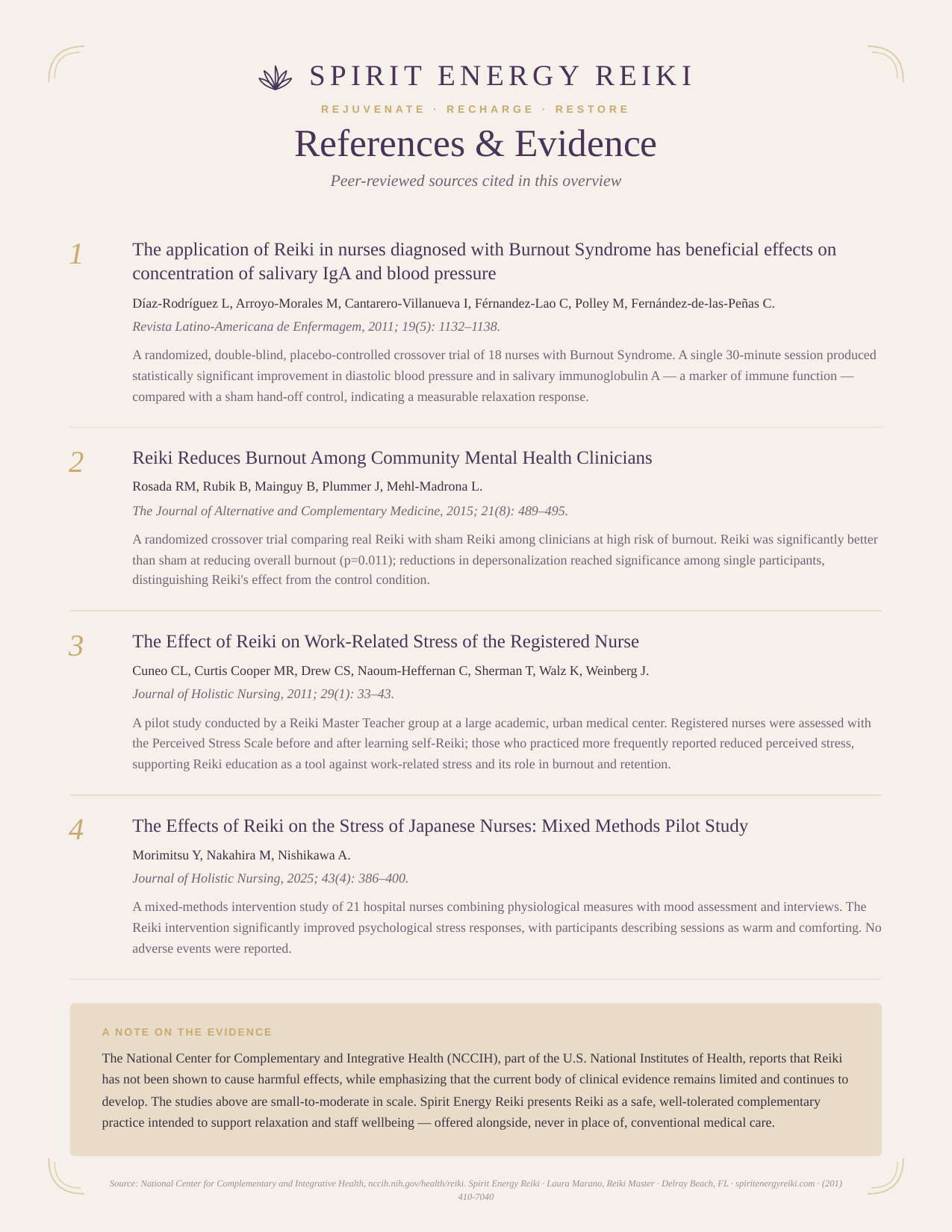 Peer-reviewed research references on Reiki for nurse stress and burnout