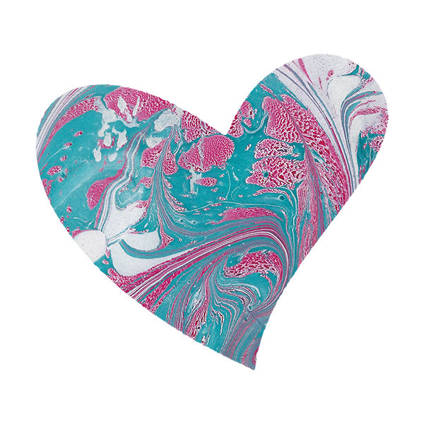 Marbled abstract heart design with pink, white, and blue swirls and patterns.