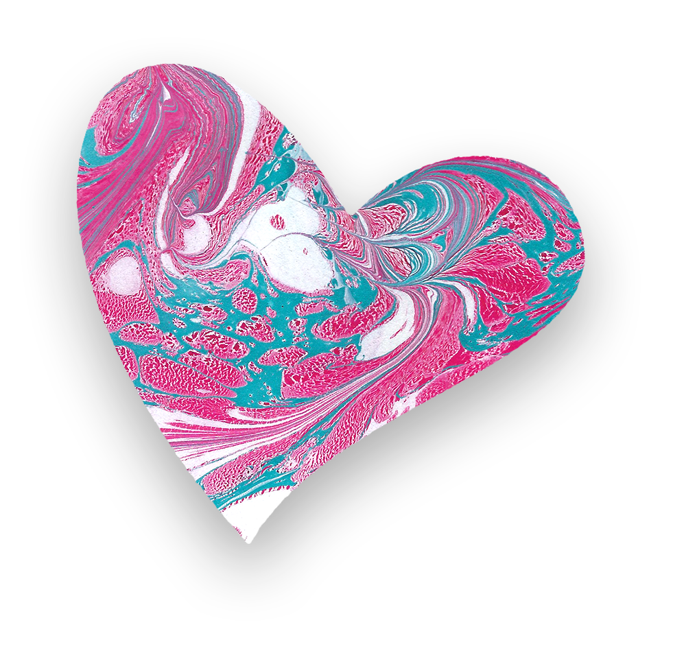 Marbled paper shaped like a heart with pink, white, and blue swirls on a black background.