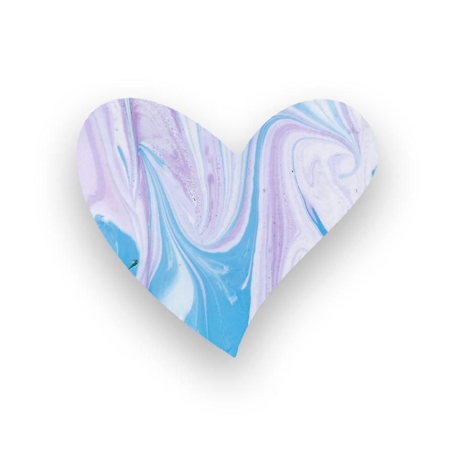 Marbled heart-shaped object with purple, blue, and white swirls on a black background.
