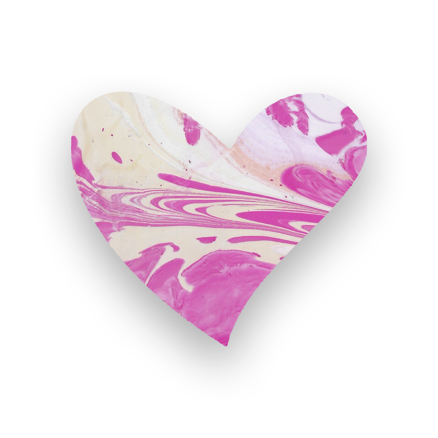 Pink and white marble heart on a black background.
