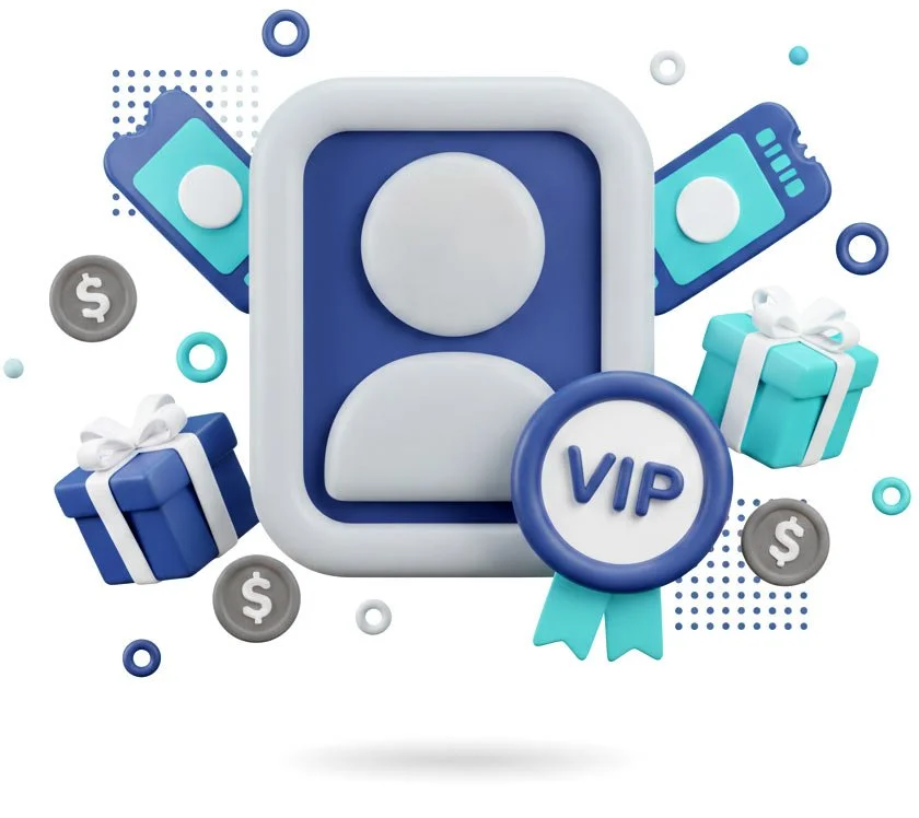 Graphic of a VIP membership badge with gift boxes, dollar coins, and mobile phones in blue and white colors.