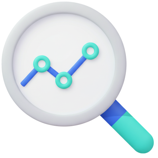 Magnifying glass focusing on a line graph with three data points.