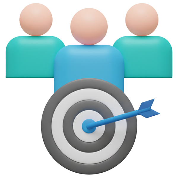 Three simplified human figures behind a large bullseye target with an arrow hitting the center.