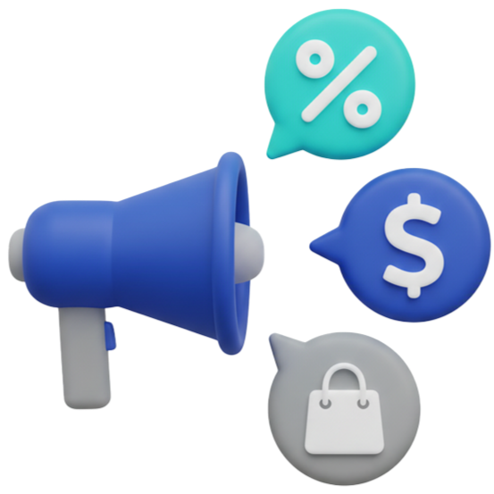 A blue megaphone surrounded by three speech bubbles with icons: a percentage symbol, a dollar sign, and a shopping bag.