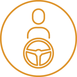 Icon of a circle with a person behind the wheel of a car. The icon consists of a thin orange stroke on a light blue background.