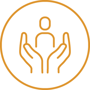 Icon of a circle with two hands holding a person in the middle. The icon consists of a thin orange stroke on a light blue background.