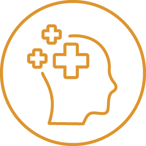 Icon of a circle with a profile of a head with 3 crosses coming out of the top. The icon consists of a thin orange stroke on a light gray background.