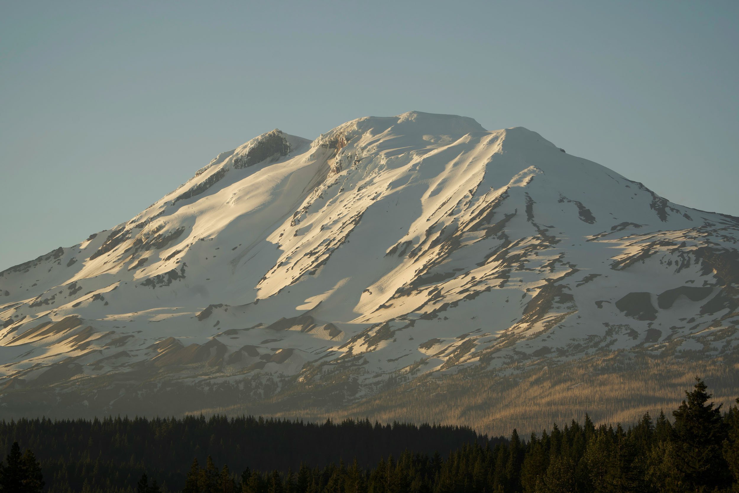 Snow-covered mountain with rocky peaks and a forested base under a clear sky.