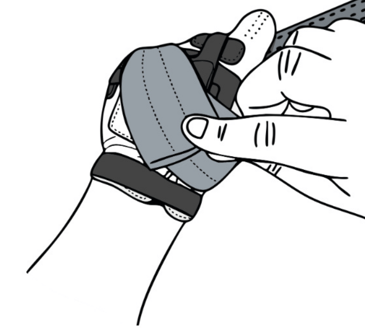 Drawing of a person adjusting a wristwatch with a band on their wrist.