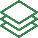 Stack of layered, green geometric shapes on a white background.