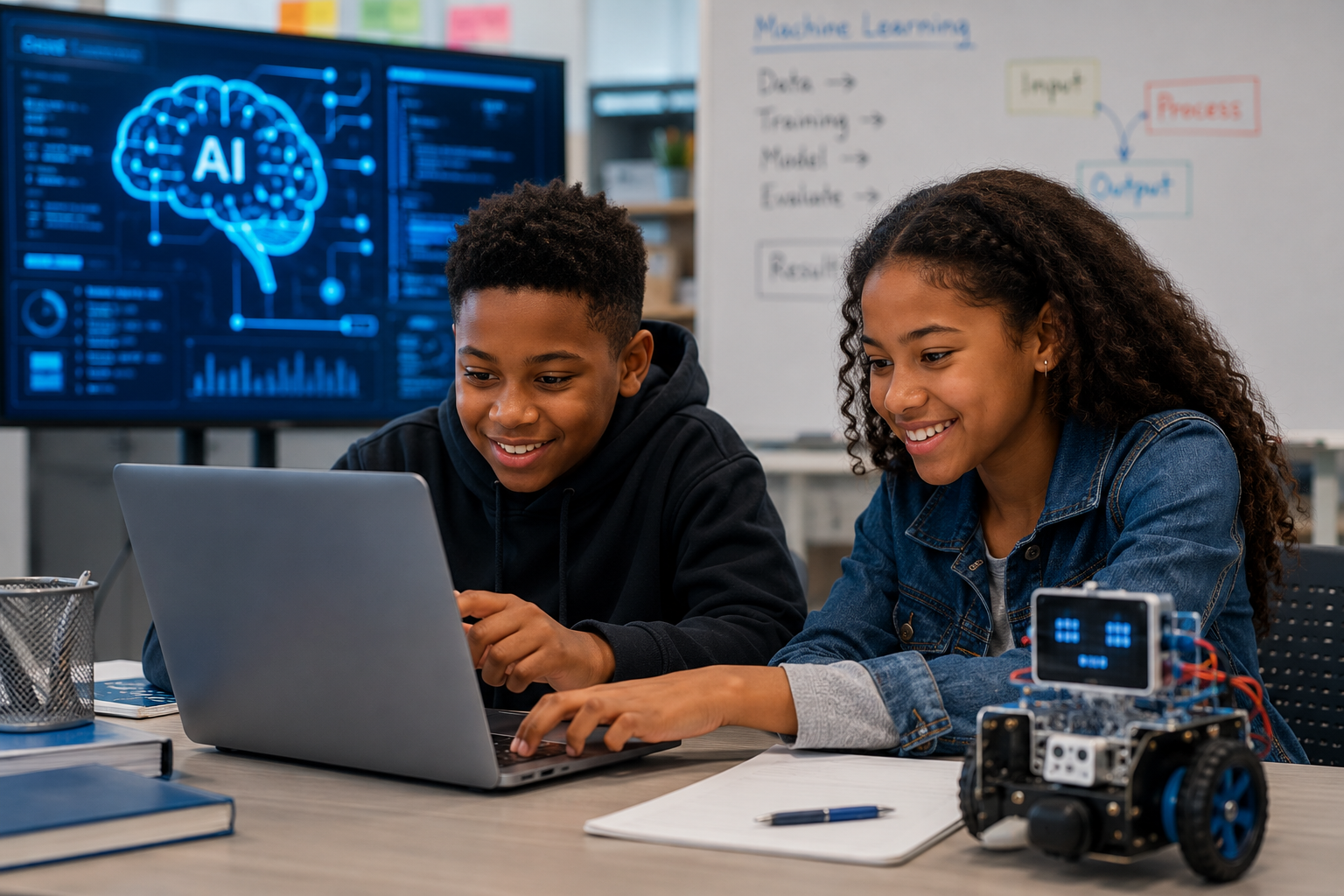 Two kids sitting at a desk in a classroom, engaged with a laptop and a small robot. In the background, a whiteboard with handwritten notes about machine learning and a digital screen displaying a brain illustration with 'AI' inside.