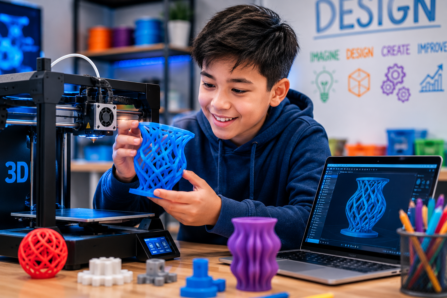 A boy 3D printing a blue lattice-style geometric object using a 3D printer, with a laptop displaying the same object, in a classroom or workshop with colorful 3D printed models and equipment.