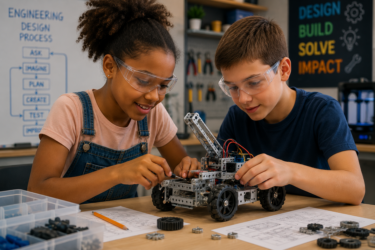 Two children, a girl and a boy, working together on a robotic construction project at a workshop table, wearing safety glasses, with engineering diagrams and parts around them.
