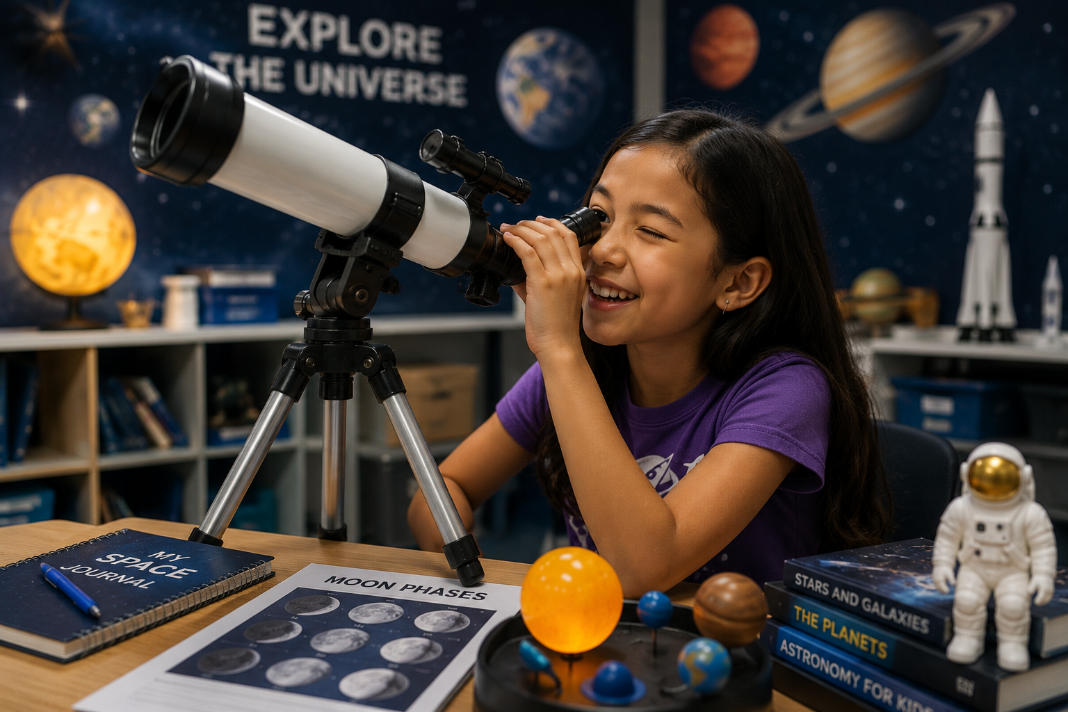 A young girl in a purple shirt looking through a telescope at a classroom or study space with space-themed decorations, books, and science models including planets and a space astronaut figure.