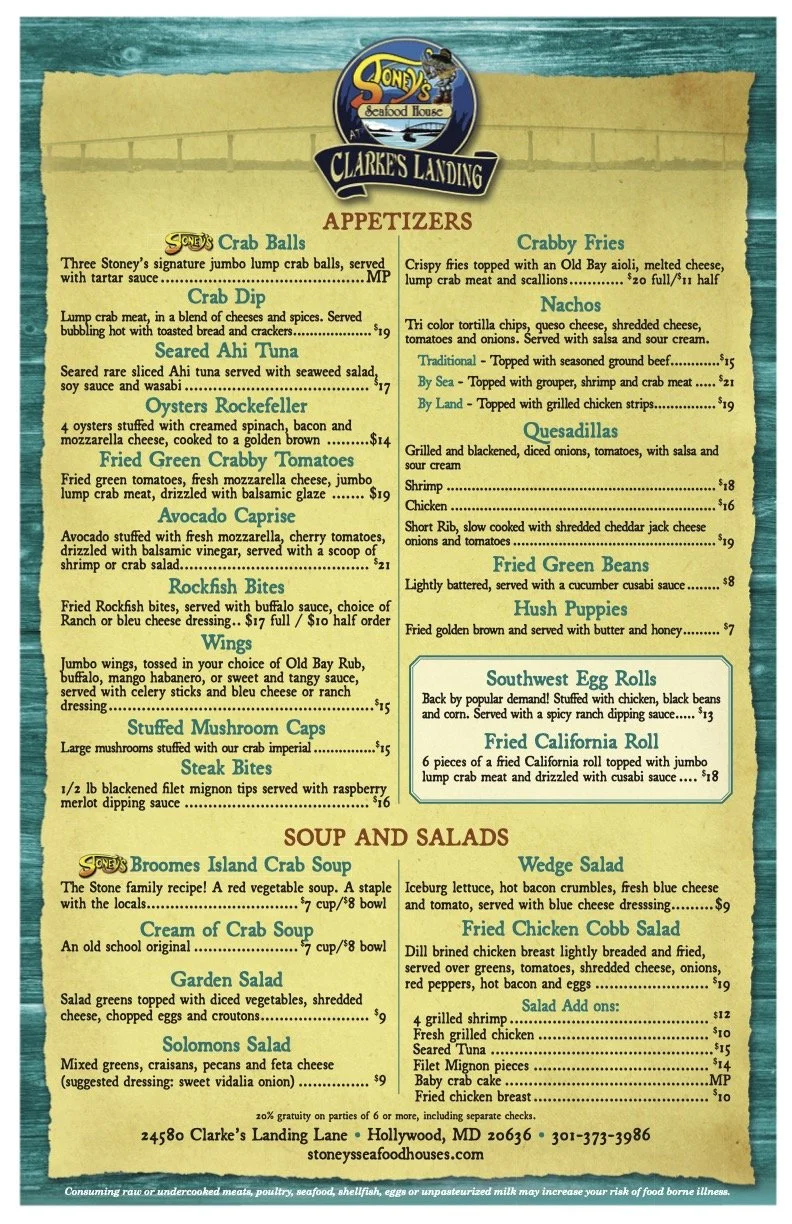 Menu from Stoney's Seafood House at Clarke's Landing in Hollywood, MD, listing appetizers, soups, salads, and specialty dishes with prices.