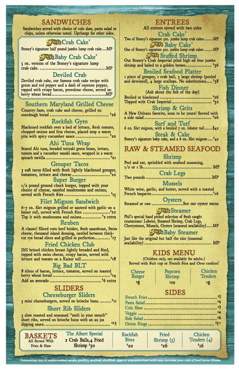 Menu featuring seafood dishes and sandwiches, including crab cake, baby crab cake, deviled crab, southern Maryland grilled cheese, rockfish gyro, ahi tuna wrap, grouper tacos, super burger, filet mignon sandwich, reuben, fried chicken club, Big Bad BLT, cheeseburger sliders, short rib sliders, crab legs, mussels, oysters, baby steamer, kids menu, sides, and baskets of crab or shrimp.