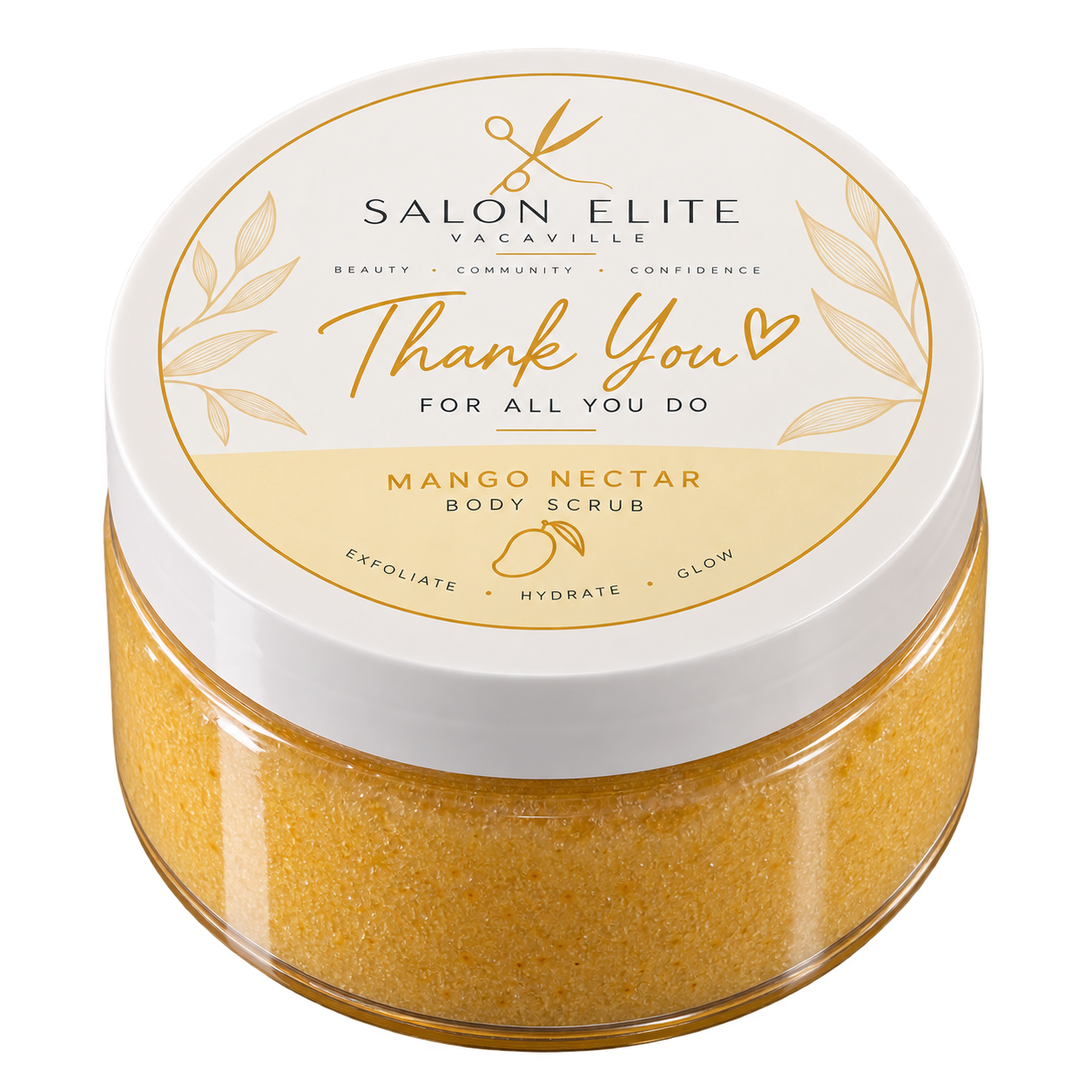 Container of Mango Nectar body scrub with a label that says 'Thank You for all you do' and includes the brand name, Salon Elite Vacaville, along with words like exfoliate, hydrate, glow, and a small illustration of a mango.