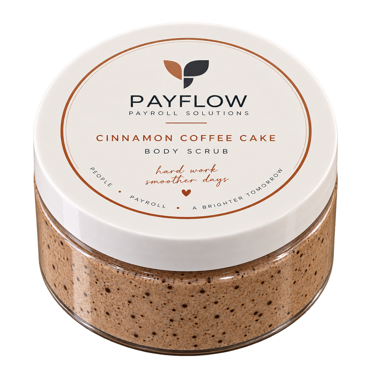 A round jar of Payflow Cinnamon Coffee Cake Body Scrub with a white lid and speckled brown body, labeled with product and brand details.