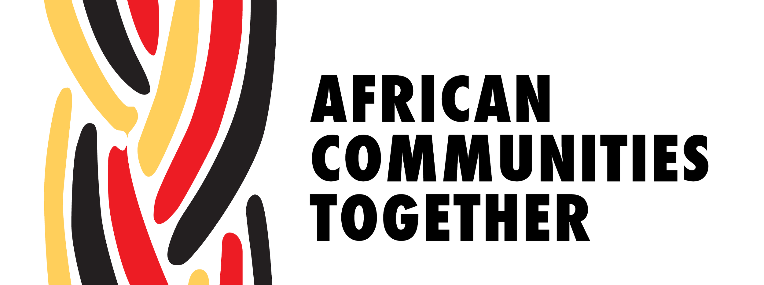 Logo of African Communities Together featuring stylized black, red, and yellow abstract shapes resembling traditional African patterns, followed by the organization name in black text.