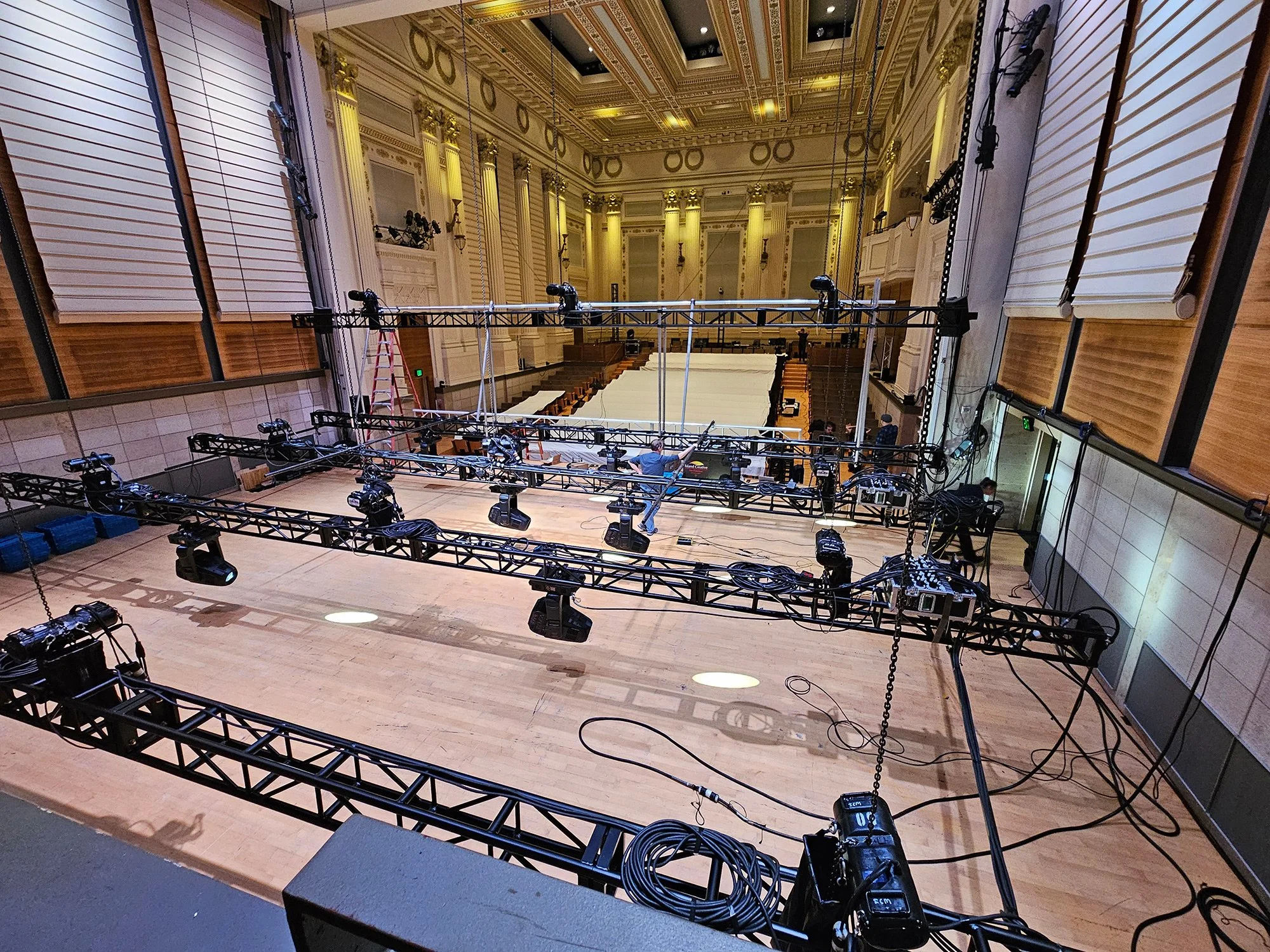 Lighting and sound equipment for Caroline Hume Concert Hall at the San Francisco Conservatory of Music.