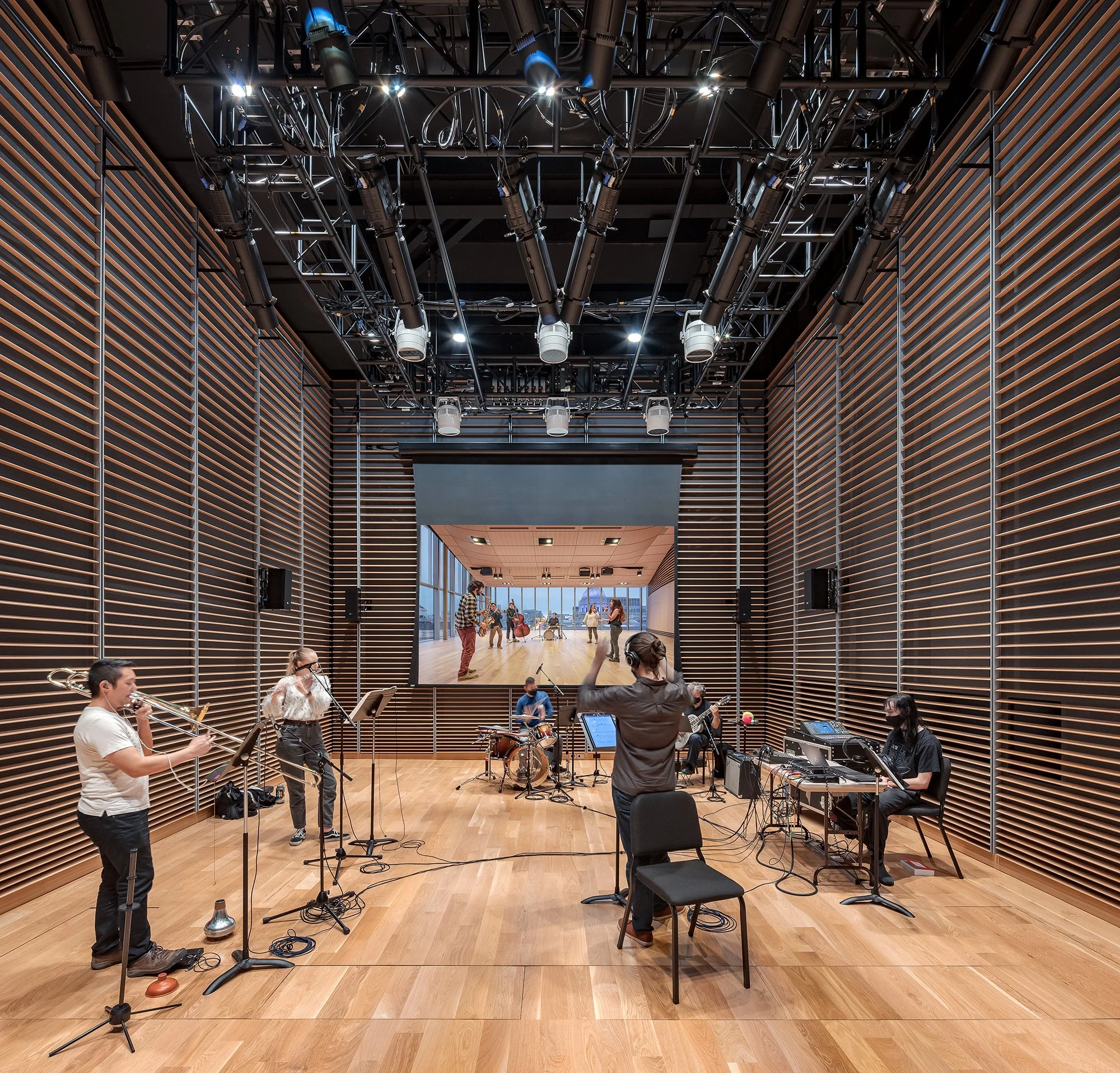 Students in recording studio at the Bowes Center, San Francisco Conservatory of Music.